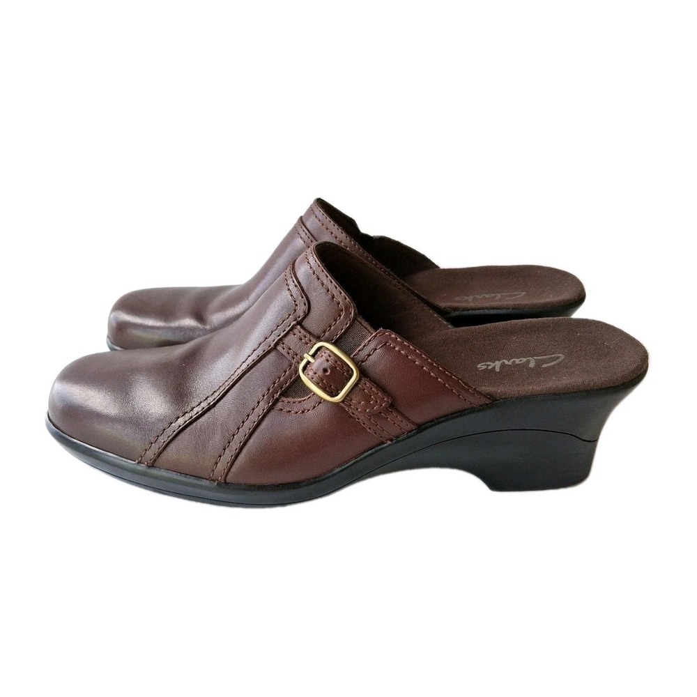 CLARKS Leather Slip-on Shoes Women's Size 8 M Brown Buckle Slides Business Mules